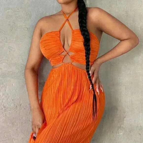 Orange Sexy Women's Crisscross Tie Backless Halter Swing Dress - Picture 4 of 7
